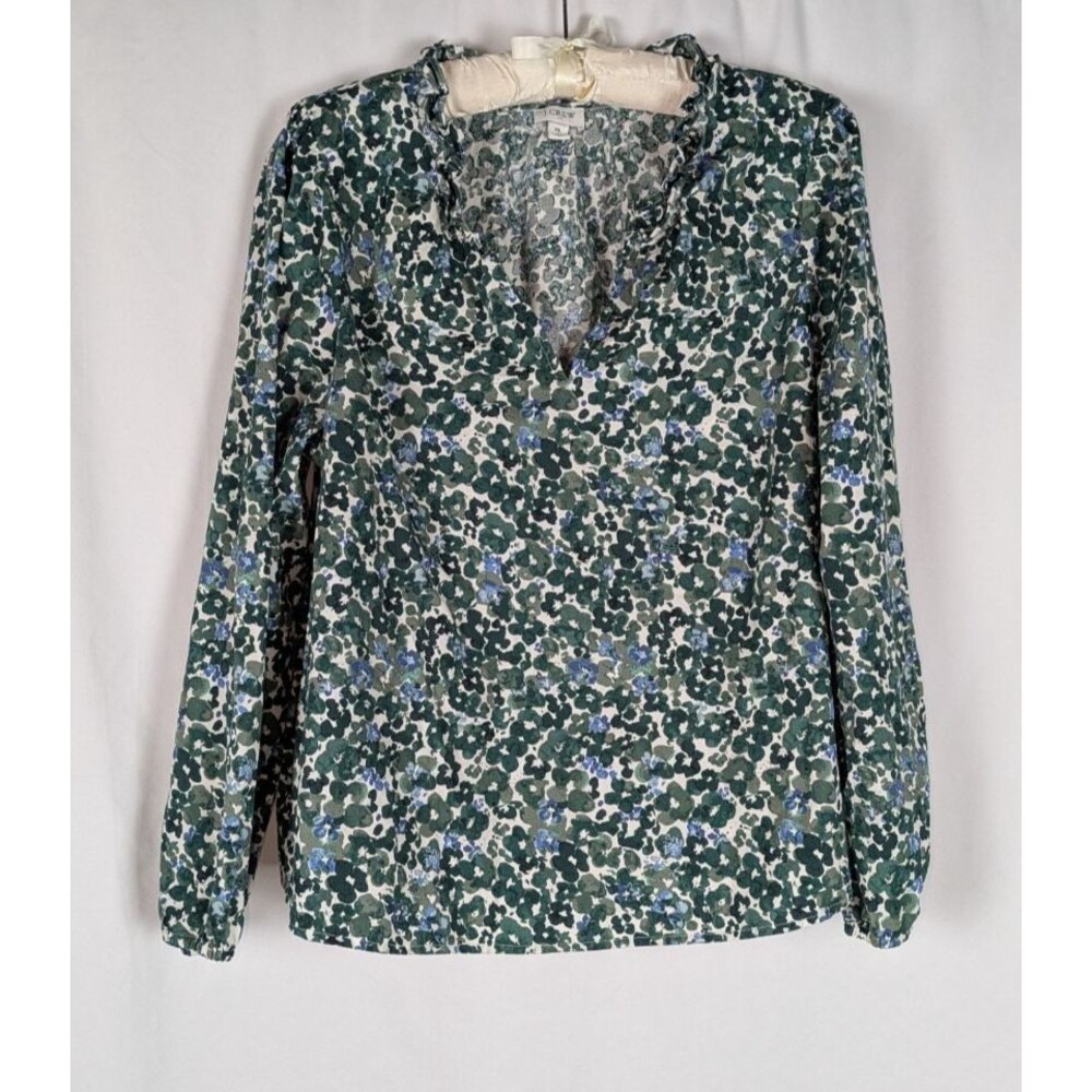 J.Crew Factory Green Floral Split Ruffle Neck Peasant Blouse XL Cottagecore